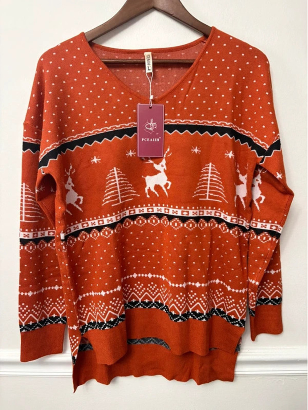 NWT Burnt Orange Reindeer Christmas Sweater Women’s Large Fair Isle Tunic